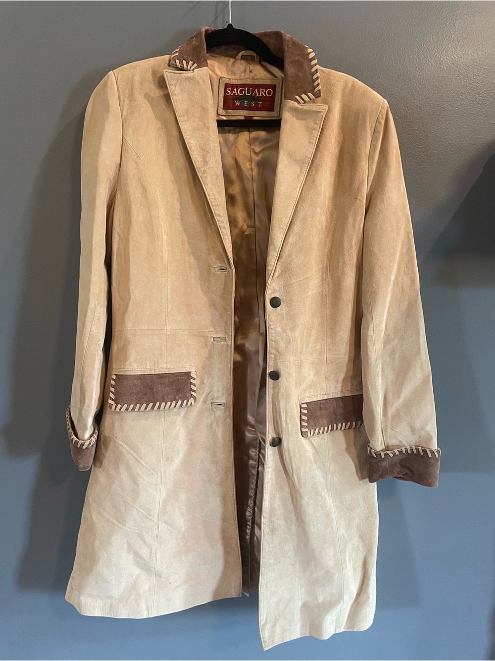 Women's Vintage Cream Suede Long Coat with Brown Trim
